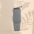 Gray insulated travel mug with small floral accents near top, clear lid and straw