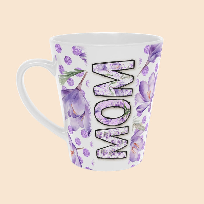 12oz latte mug, white with purple floral print and MOM word art