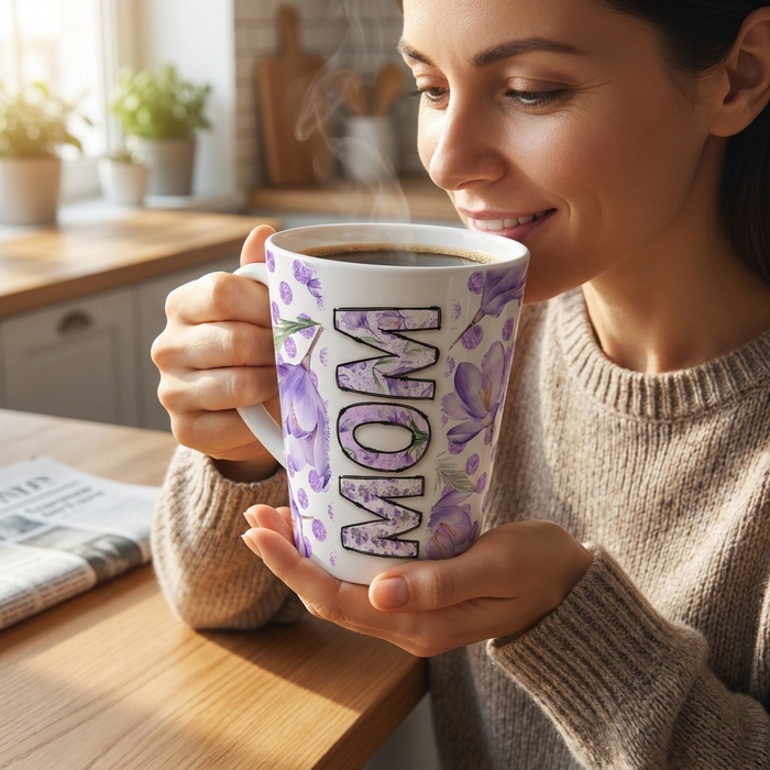 12oz latte mug in hand, white with purple floral print, MOM word art, steam