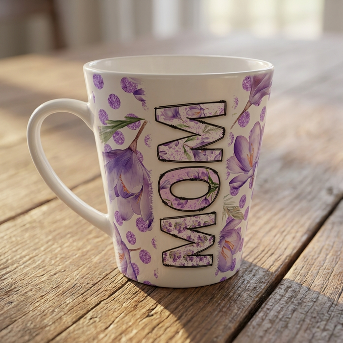 12oz latte mug, white with purple floral print and MOM word art, side view