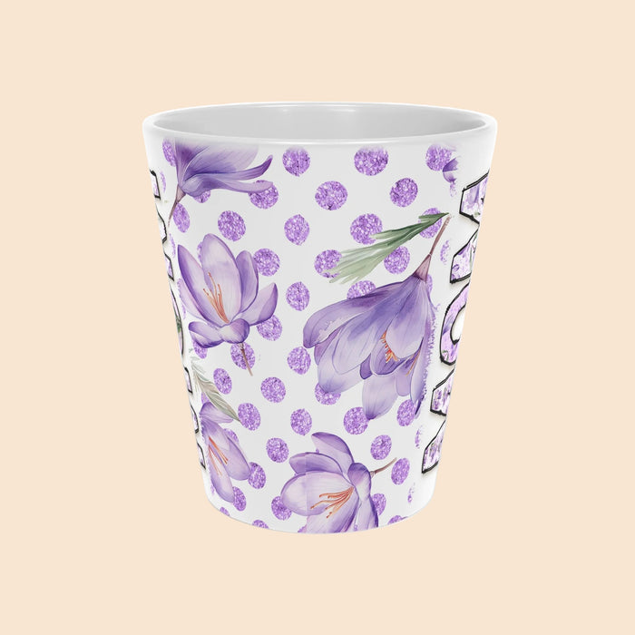 12oz latte mug, white with purple floral dots and blossoms, front pattern