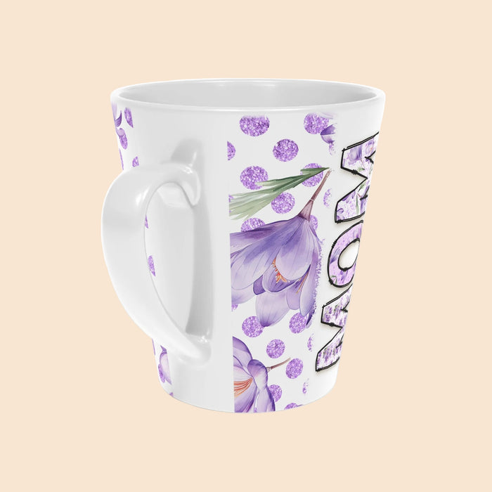 12oz latte mug, white with purple floral print and MOM word art, handle angle