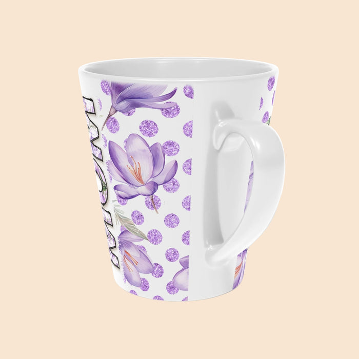 12oz latte mug, white with purple floral blossoms, close view of handle