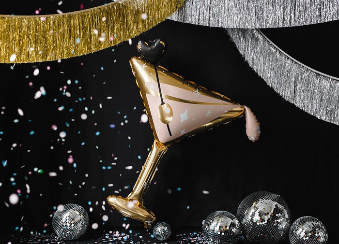 Gold and pink foil martini glass balloon with hanging stem and curved handles
