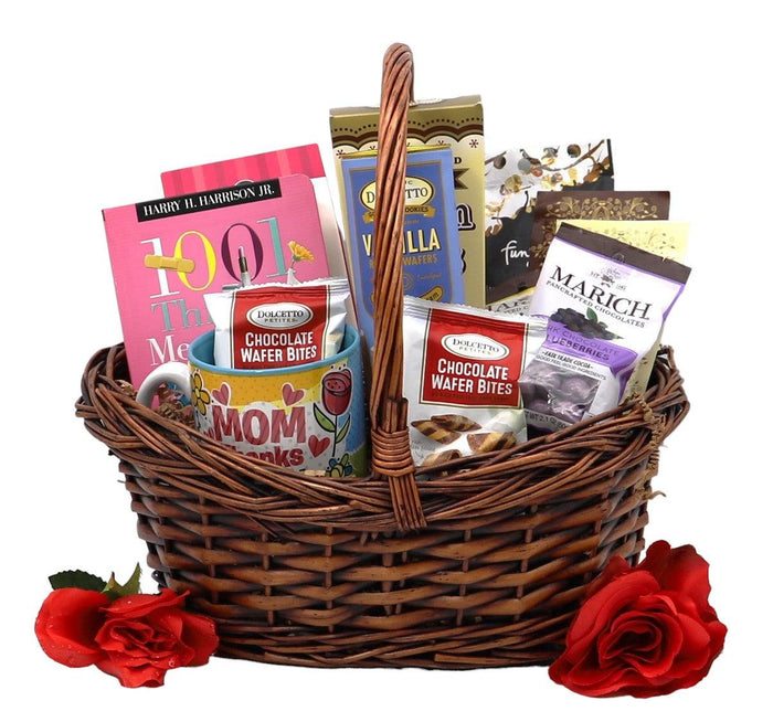Gift basket with wrapped treats, chocolate snacks, and red roses in a wicker basket
