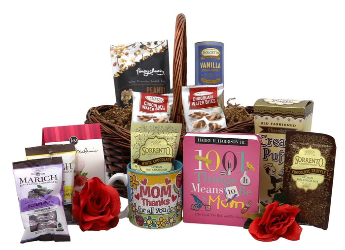 Gift basket with cookies, chocolate bars, vanilla snacks, and red roses in wicker