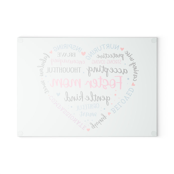Foster Mom Glass Cutting Board – Heart Word Cloud Design | Tempered Glass | 2 Sizes | Meaningful Gift for Foster Mom
