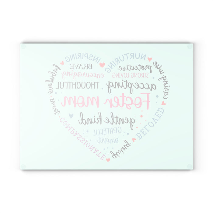 Foster Mom Glass Cutting Board – Heart Word Cloud Design | Tempered Glass | 2 Sizes | Meaningful Gift for Foster Mom