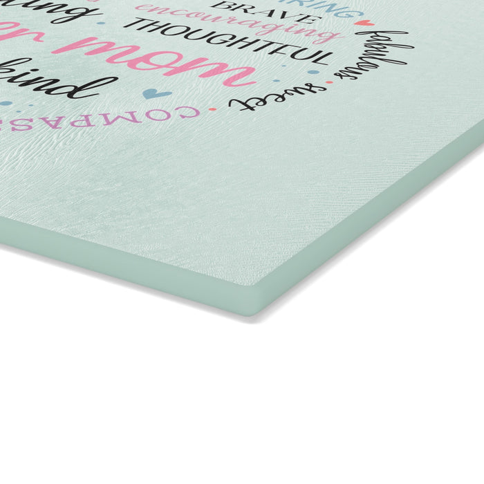 Foster Mom Glass Cutting Board – Heart Word Cloud Design | Tempered Glass | 2 Sizes | Meaningful Gift for Foster Mom