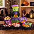 Halloween treat tower with Frankenstein-style character and wrapped candies