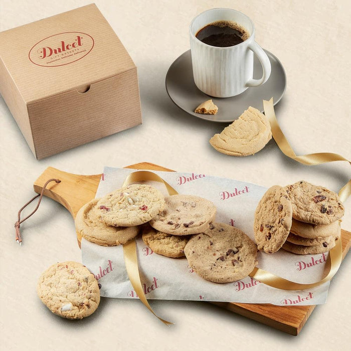 Assorted cookie gift box with mixed cookies, cardboard box and ribbon