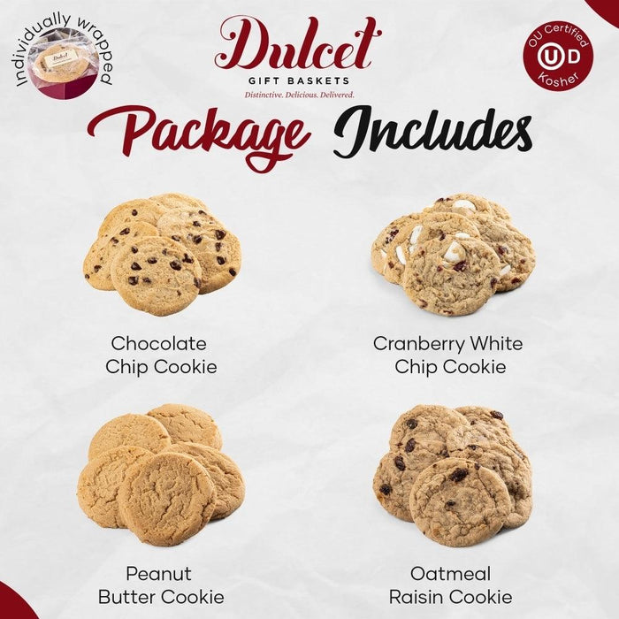 Four cookie types: chocolate chip, cranberry white chip, peanut butter, oatmeal raisin