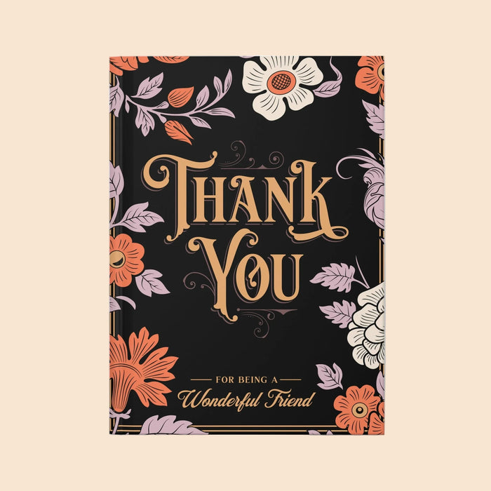 Front view: Hardcover journal with black floral cover reading 'Thank You'.