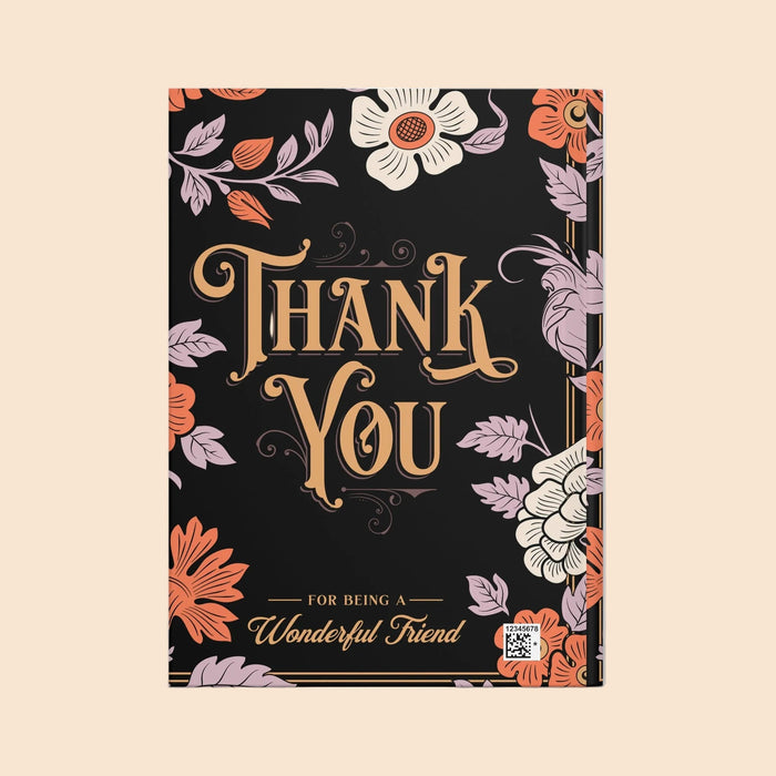 Hardcover journal with black floral cover, 'Thank You' text, and barcode sticker.