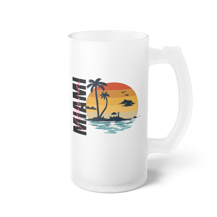 Frosted glass beer mug with large side handle and palm tree sunset print