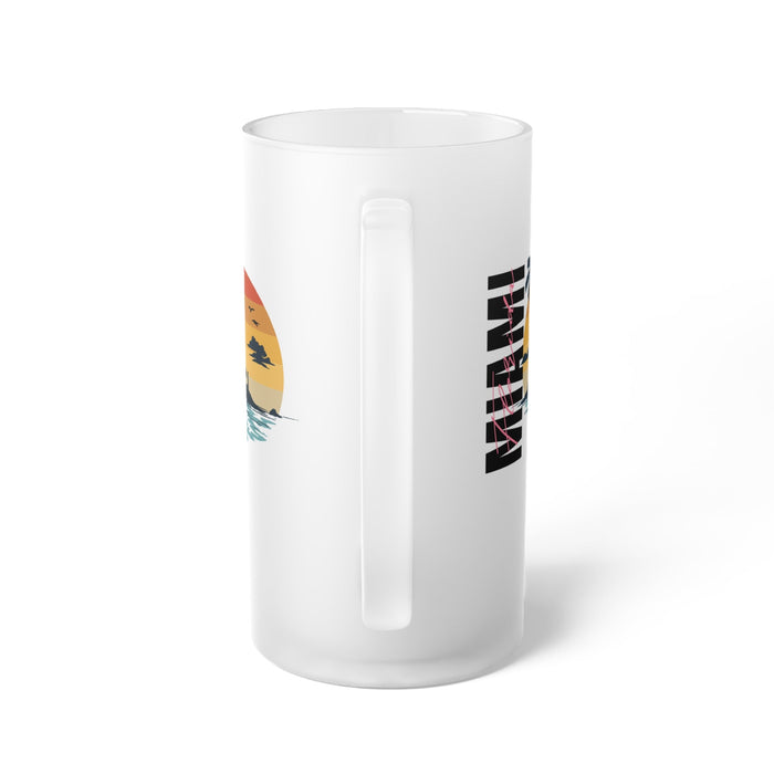 Frosted glass beer mug with palm sunset graphic and vertical pull tab detail
