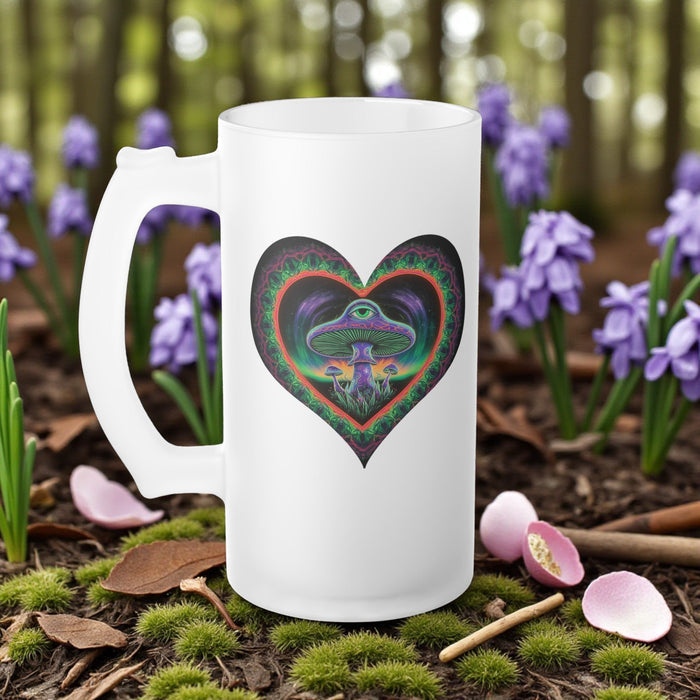Frosted glass beer mug, white, with colorful heart mushroom graphic