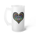 Frosted glass beer mug, white, side view with colorful heart mushroom graphic