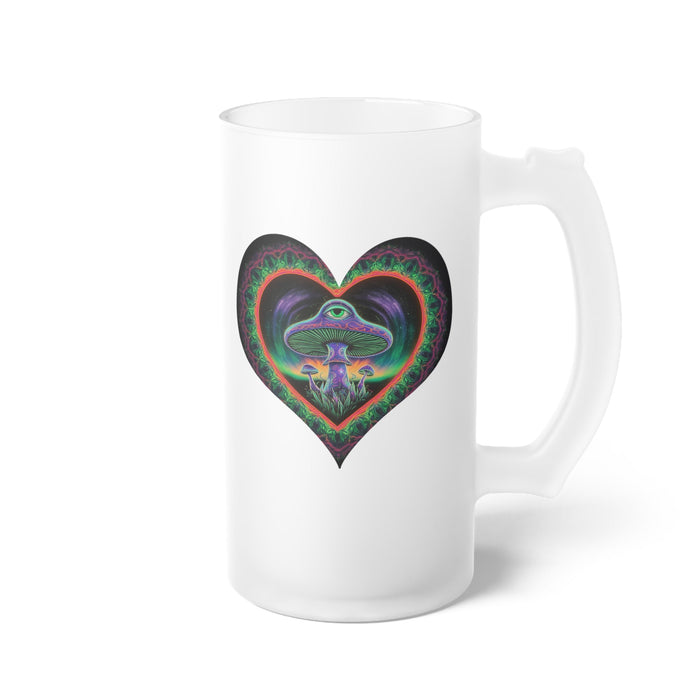 Frosted glass beer mug, white, angled view with colorful heart mushroom graphic