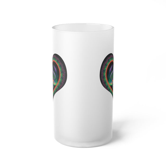 Frosted glass beer mug, white, with partial colorful heart mushroom graphic