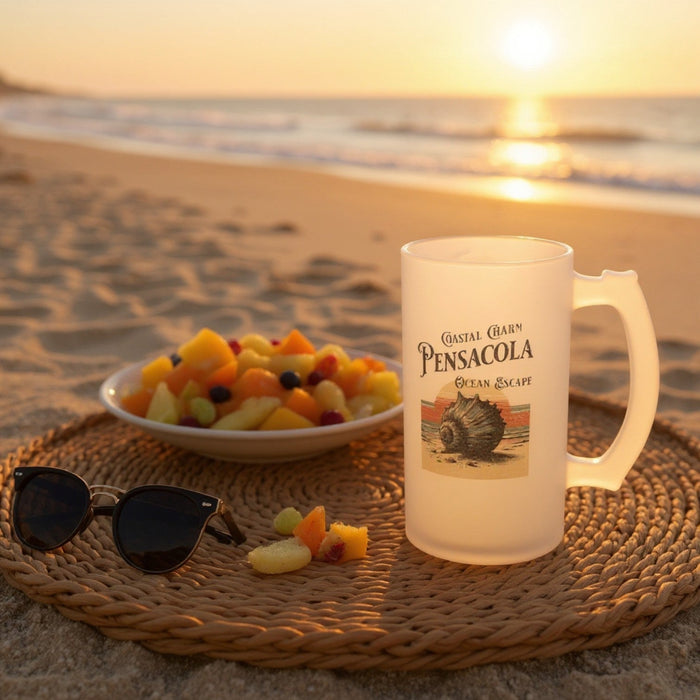 Frosted glass beer mug with Coastal Charm Pensacola seal graphic and handle