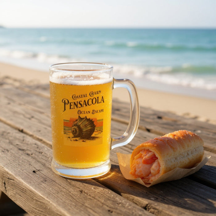 Glass beer mug with Pensacola graphic, filled with amber drink, side handle