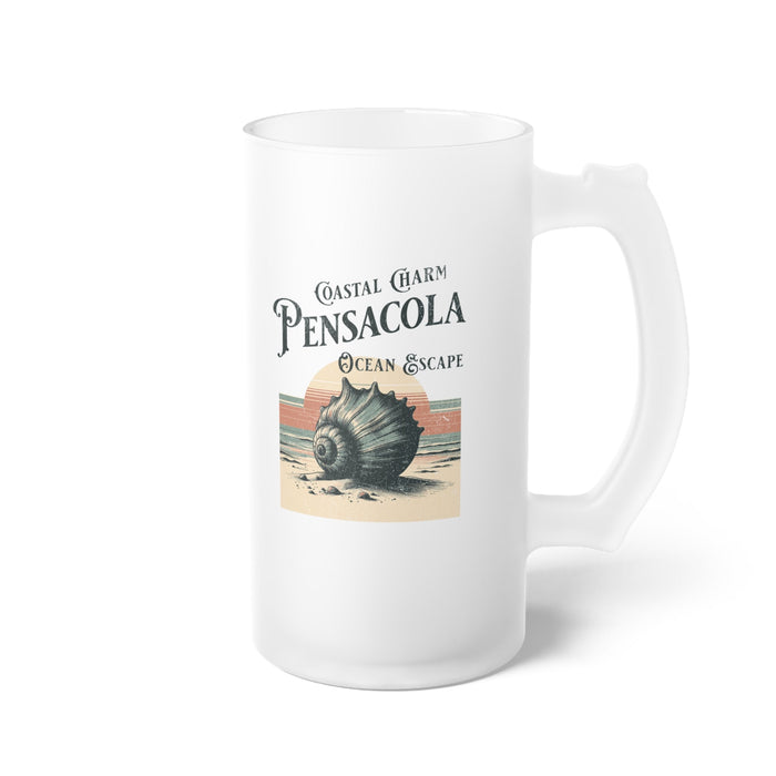 Frosted beer mug with Coastal Charm Pensacola Ocean Escape graphic and side handle