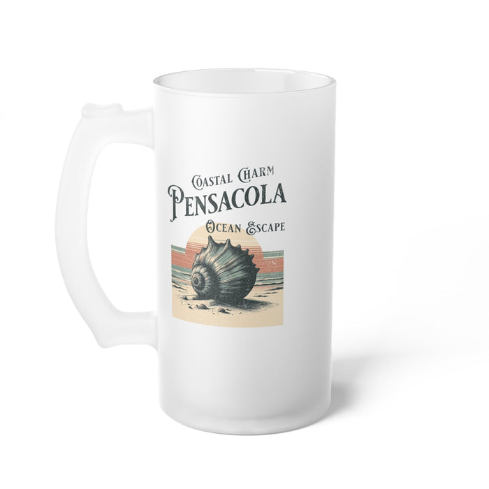 Frosted beer mug with Pensacola Ocean Escape graphic and curved side handle