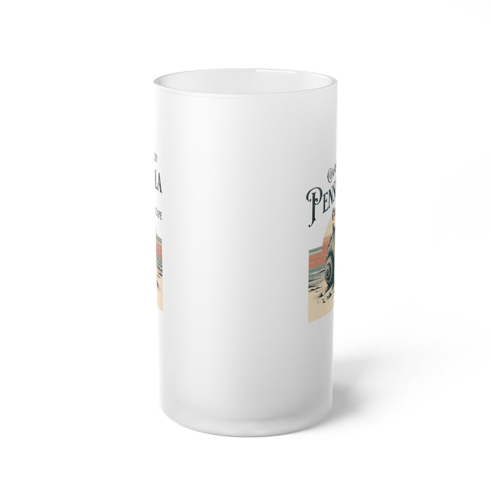 Frosted beer mug with partial Pensacola graphic on side and round handle