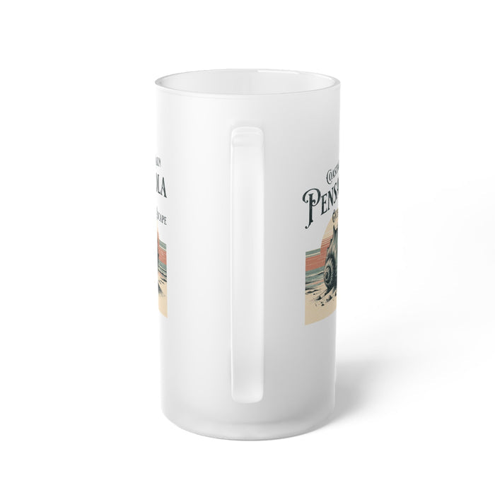 Frosted beer mug with side grip detail and partial Pensacola graphic
