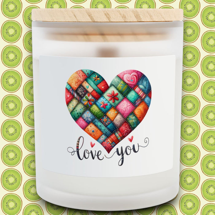 Frosted glass candle with wood lid and colorful heart “Love You” label, 11 oz