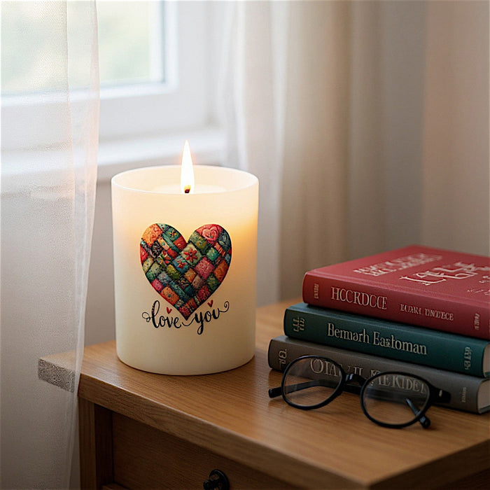 Lit frosted glass candle in white jar with colorful heart “Love You” label, 11 oz