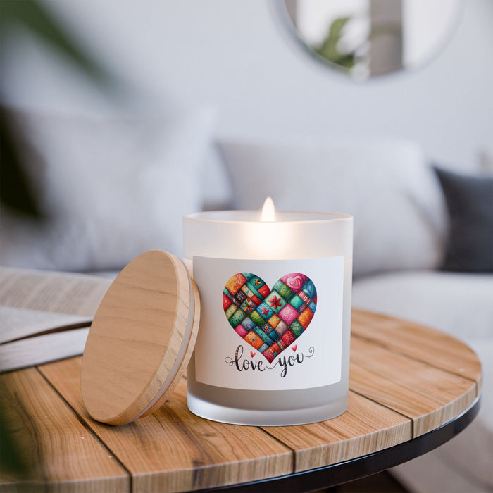 Frosted glass candle with open wood lid and colorful heart “Love You” label, 11 oz