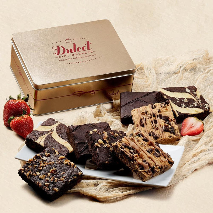 Brown gift tin with assorted fudge and chocolate brownies on a tray
