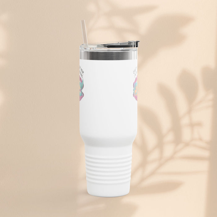 White insulated travel mug with lid and straw, ribbed grip section on body