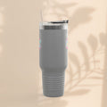 Dark gray insulated travel mug with lid and straw, ribbed grip section on body