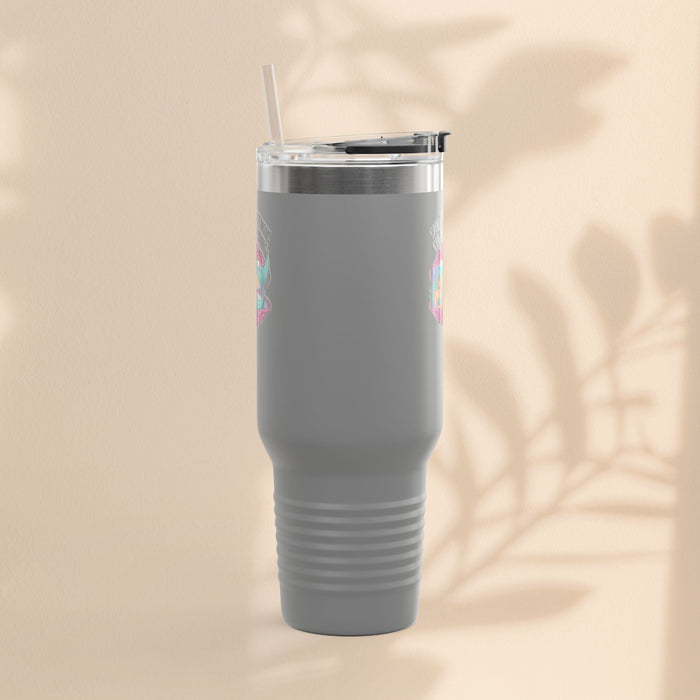 Dark gray insulated travel mug with lid and straw, ribbed grip section on body