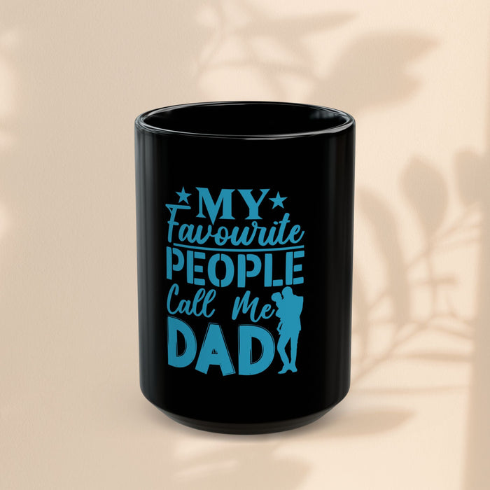 Black mug front view with blue 'My favourite people call me Dad' lettering