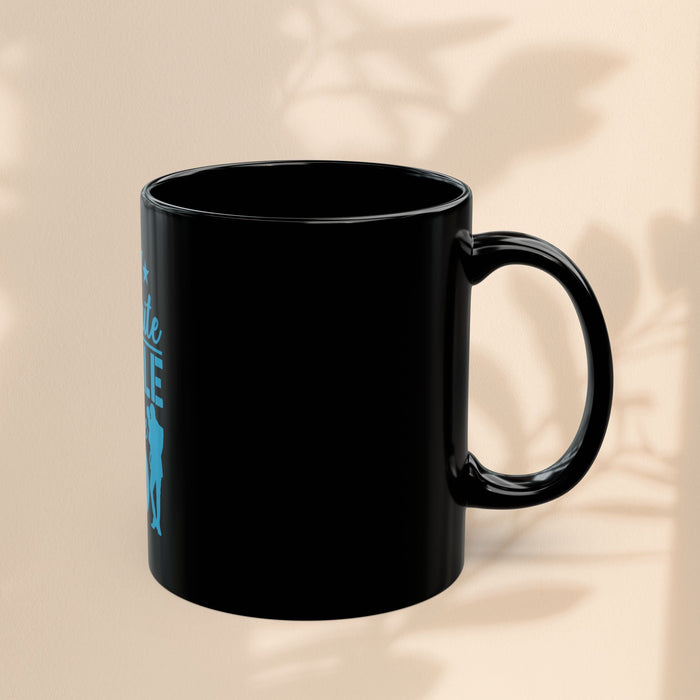 Black mug with blue side text and curved handle
