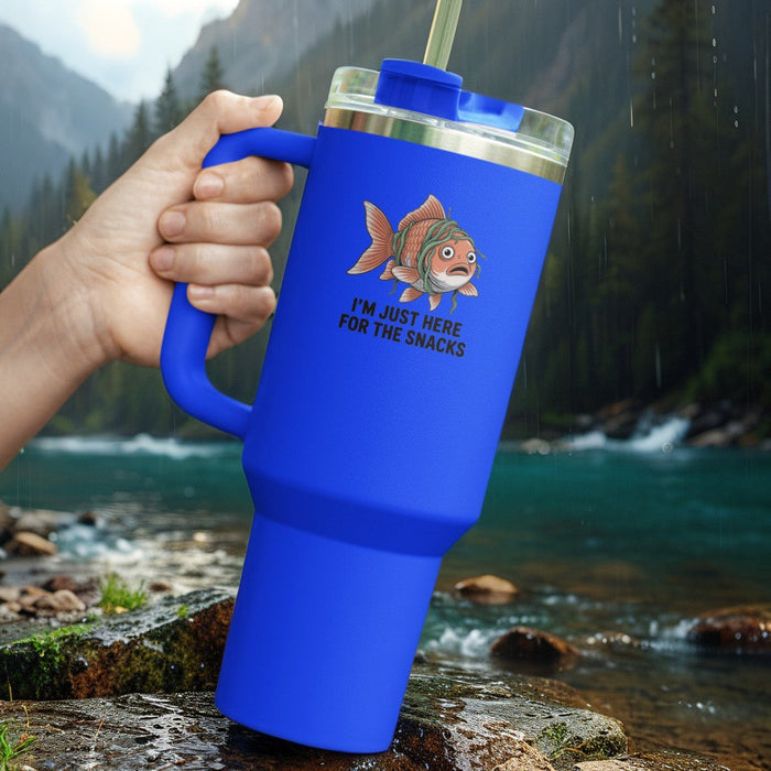 Blue insulated travel tumbler with fish graphic, clear lid, and reusable straw