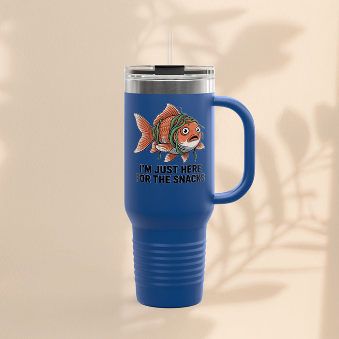 Dark blue insulated travel tumbler with fish graphic, clear lid, and carry handle
