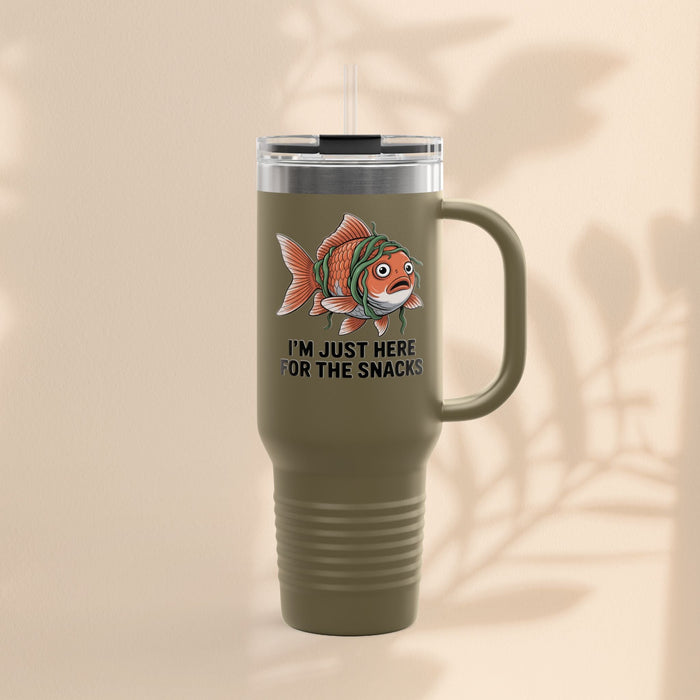 Olive insulated travel tumbler with fish graphic and ridged grip base