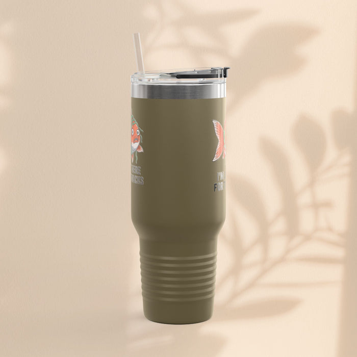 Olive insulated travel tumbler with clear lid and straw, partial fish print
