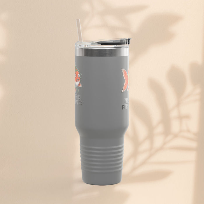 Dark gray insulated travel tumbler with clear lid and straw, partial fish print