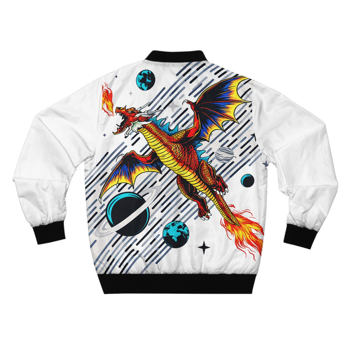 Galaxy Dragon Bomber Jacket - Red Dragon in Space Comic Art on White, Fantasy Streetwear for Men and Women XS to 5XL