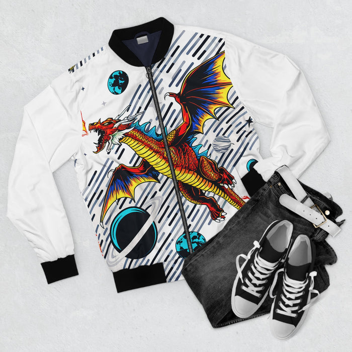 Galaxy Dragon Bomber Jacket - Red Dragon in Space Comic Art on White, Fantasy Streetwear for Men and Women XS to 5XL