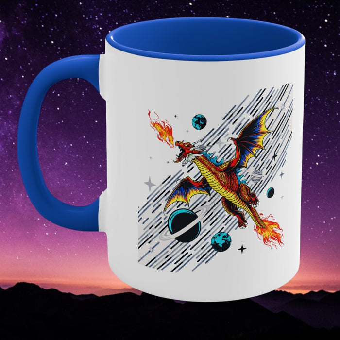 Blue-accent white ceramic mug with space dragon graphic and starry planets print