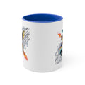 White mug with blue rim and handle, showing partial space dragon graphic on side