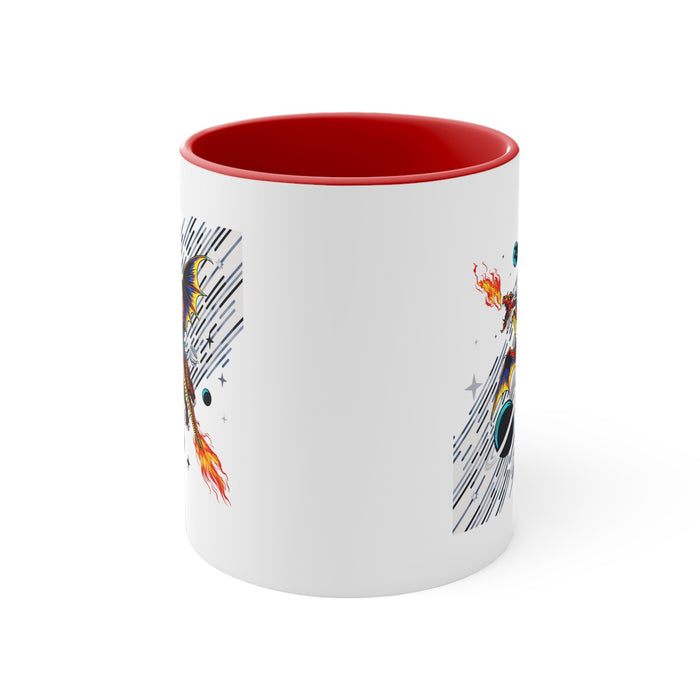 White mug with red rim and handle, featuring partial space dragon graphic and planets