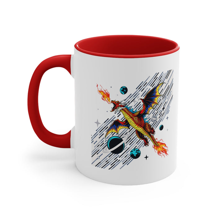 White mug with red rim and handle featuring space dragon graphic and planet icons